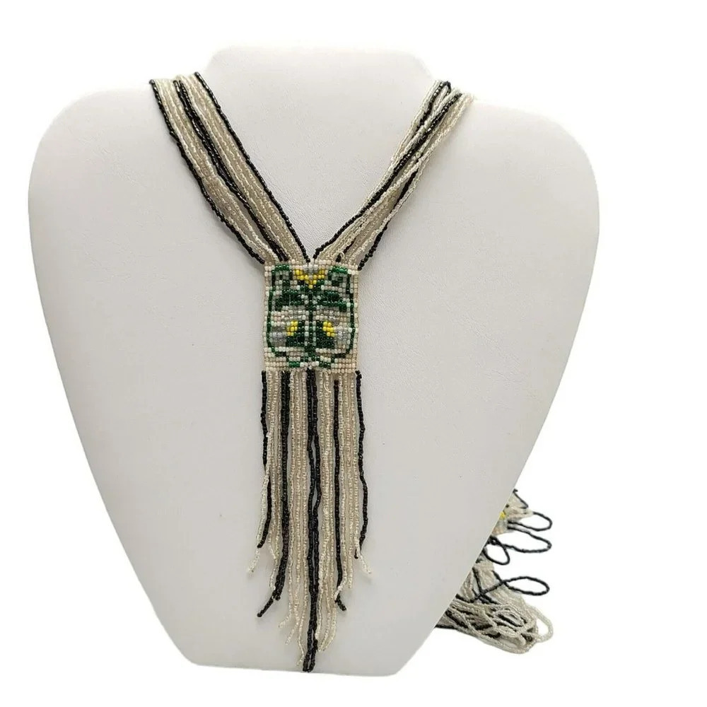 Vintage Flapper Sautoir Woven Seed Bead Lariat Tassel Necklace Multicolor
